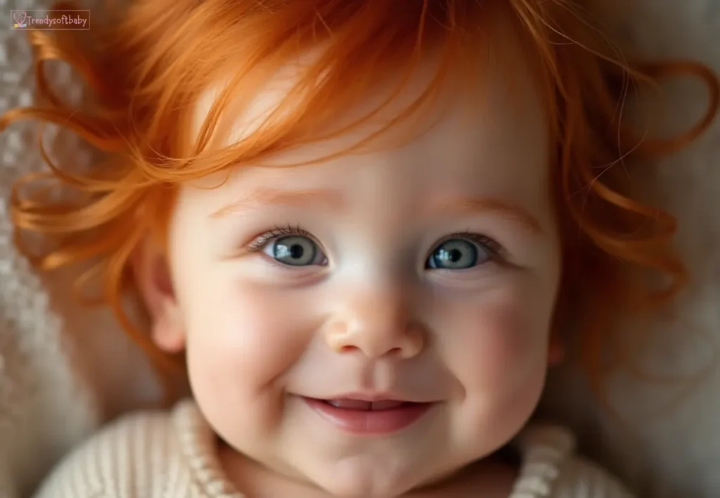 Hyper-realistic close-up of a smiling baby girl with fiery red hair, highlighting her soft features and bold personality
